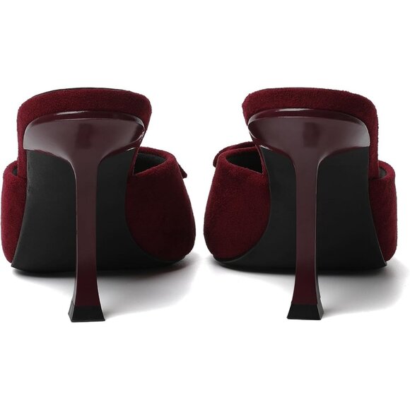 Women's Burgundy Suede Round Toe Heels With Bow Vintage Mules Sexy Slip on - Picture 9 of 9